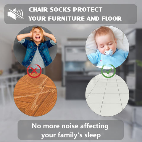 Chair socks protecting floors and furniture, reducing noise, show benefits for family sleep in living space.