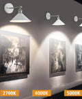 Set Of Two Battery Operated Wall Sconces With Remote Control illuminating artwork on gallery wall, various color temperatures