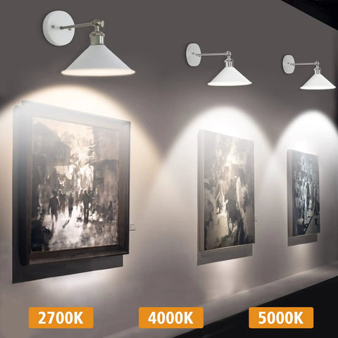 Set Of Two Battery Operated Wall Sconces With Remote Control illuminating artwork on gallery wall, various color temperatures