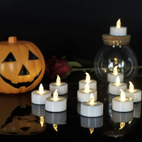 Battery Operated Flameless LED Tea Lights 24 Pack Realistic Flicker Votive Candles with pumpkin and rose decor