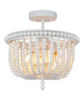 White Wood Bead Boho Chandelier Three Light Semi Flush Mount Ceiling Light for Nursery and Kids Rooms with cozy vibes.