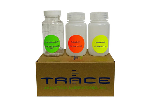 DIY Drinking Water Test Kit For City Or Well Water With Lab Grade Results For 30 Plus Parameters Including Coliform, Nitrate, Nitrite, Lead, Copper And More, Easy To Use And Peace Of Mind For Your Home Water with labeled sample bottles on a cardboard box.