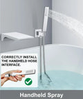 Wall Mount Bathtub Faucet With Handheld Sprayer And Waterfall Tub Filler Single Handle Chrome Finish in use over bathtub