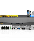 Rear view of 4K 8CH PoE NVR With 10 Inch IPS Monitor showing ports, remote control, and 3TB storage. Ideal for security.