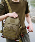 Camouflage Large Capacity Backpack For Outdoor Fishing And Camping with durable Oxford cloth and cushioned shoulder straps by river