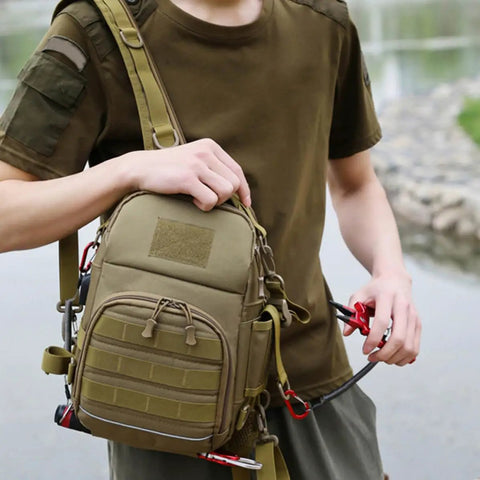 Camouflage Large Capacity Backpack For Outdoor Fishing And Camping with durable Oxford cloth and cushioned shoulder straps by river