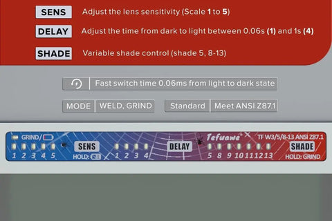 Ultralight Automatic Welding Lens with variable shade and sensitivity settings, fits 2x4 helmets, close-up of controls.