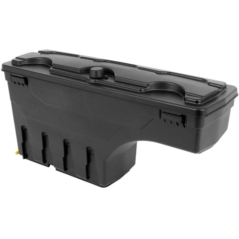 Top Shelf Swing Storage Toolbox For Dodge Ram 1500 2500 3500 Left Side Bolt On Manual Fold Black Abs Plastic Hella Tough Rig Ready Truck Bed Organizer 2002 To 2018 side view showing the hinged lid and storage compartments.