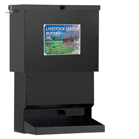 Metal Tough Galvanized Steel Deer Feeder Holds Fifty Pounds Of Corn Or Protein Mix Rust Proof Wild Game Feed Dispenser Trail Ready Outdoor Hunting Essential in black with a front drop area.