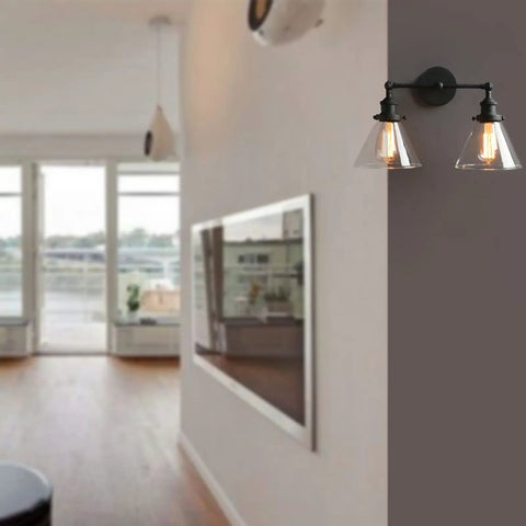 Two Light Industrial Wall Sconce In Antique Black With 7.3 Inch Cone Clear Glass Shade 180 Degree Adjustable E26 Base Compatible With LED Incandescent CFL Halogen Bulbs Bulbs Not Included Handmade Glass Lampshade