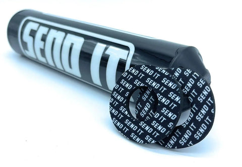 Off Road Universal Handlebar Pad With Free Grip Donuts For Dirt Bikes And ATVs Crossbar Fit Black Round Safety Cushion That Protects Fat Bars And Keeps Riders Safe On Trails And Tracks, shown with text decoration.