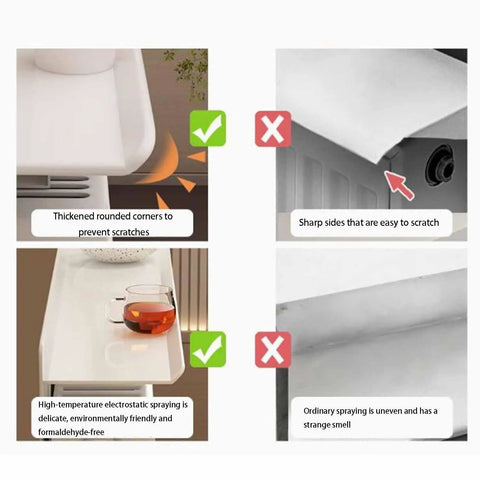 Comparison of Super Heavy No Drill Radiator Shelf Bracket Wall Mount Support showing rounded corners and safe design features.