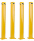 Rock Solid Steel Safety Bollard Heavy Duty Four Pack 48 Inch Tall Bright Yellow Traffic Posts With 4.5 Inch Diameter Pipe Design For Parking Lots And High Traffic Zones. Four vibrant yellow bollards with black tops.