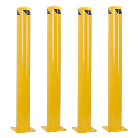 Rock Solid Steel Safety Bollard Heavy Duty Four Pack 48 Inch Tall Bright Yellow Traffic Posts With 4.5 Inch Diameter Pipe Design For Parking Lots And High Traffic Zones. Four vibrant yellow bollards with black tops.