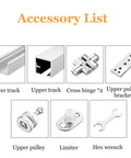 Accessory list for Heavy Duty Aluminum Sliding Door Track Kit For Bifold And Interior Partition Systems Featuring Knockout Durability And Silky Smooth Swivel Caster Rollers 10 Feet Long.