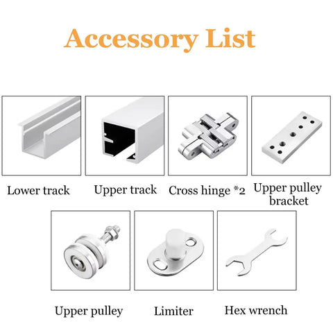 Accessory list for Heavy Duty Aluminum Sliding Door Track Kit For Bifold And Interior Partition Systems Featuring Knockout Durability And Silky Smooth Swivel Caster Rollers 10 Feet Long.