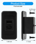 Road Certified Two Pack Rv Usb Outlet 12V 24V Wall Mount dimensions showing front and side views of black charger.