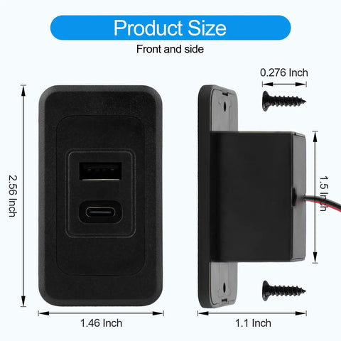Road Certified Two Pack Rv Usb Outlet 12V 24V Wall Mount dimensions showing front and side views of black charger.