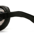 Side view of Anti Fog Top Shelf Chemical Splash Goggles with foam padding, breakaway headband, tinted body, and heavy duty lens.