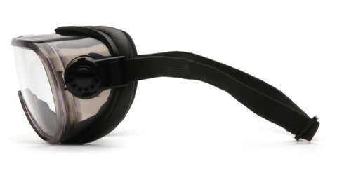 Side view of Anti Fog Top Shelf Chemical Splash Goggles with foam padding, breakaway headband, tinted body, and heavy duty lens.