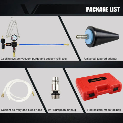 Package contents of Coolant Vacuum Refill Kit With Universal Hoses For Cars Motorcycles And Trucks Purge And Fill Tool