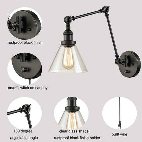 Industrial Swing Arm Wall Lamp Plug In Sconce With On Off Switch Black Finish Clear Glass Shade Adjustable Swing Arm For Living Room Bedroom Home Office
