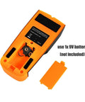 Built Tough 3 In 1 Wall Scanner And Stud Finder Including Metal Detector And Live Wire Voltage Alert For Fast Positioning Of Hidden Joists And Smooth Weekend Project Fixes In Orange, showing the 9V battery compartment.