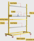 Freestanding Manual Bubble Wrap Dispenser For Smooth Shipping Setup Vertical Roll Holder label showing parts like cutter, frame, wheels.