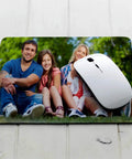 Custom Photo And Text Mouse Pad Neoprene Gaming Desk Mat showing a family photo, rubberized base for smooth glide, square shape