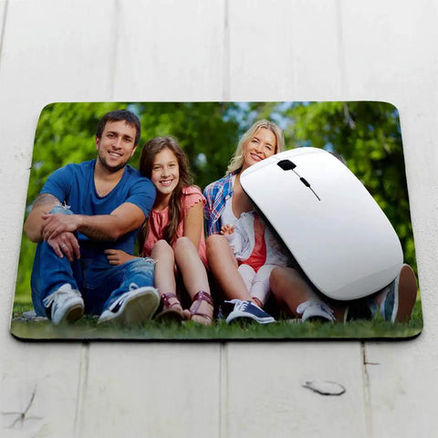 Custom Photo And Text Mouse Pad Neoprene Gaming Desk Mat showing a family photo, rubberized base for smooth glide, square shape