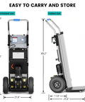 Electric Stair Climbing Dolly And Foldable Hand Truck With 1200W Motor Touch Control Panel shown in unfolded and folded sizes, measuring 63" and 49.2".