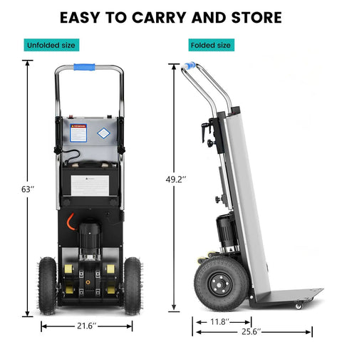 Electric Stair Climbing Dolly And Foldable Hand Truck With 1200W Motor Touch Control Panel shown in unfolded and folded sizes, measuring 63" and 49.2".