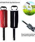 Portable Golf Ball Retriever with 70-ball capacity, red and black shag bags, detachable shaft, golf course background