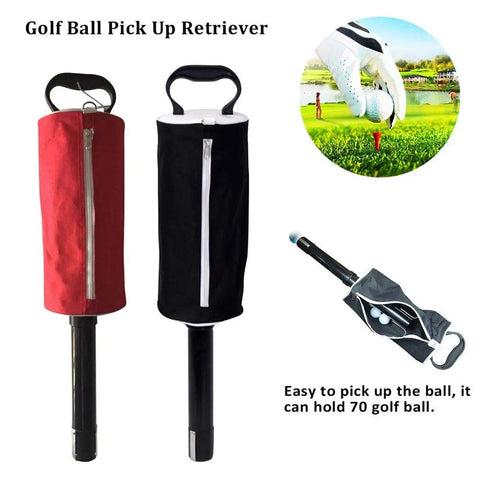 Portable Golf Ball Retriever with 70-ball capacity, red and black shag bags, detachable shaft, golf course background