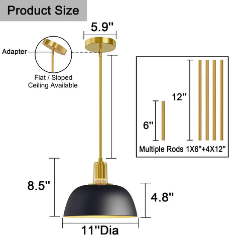 Diagram of 11 Inch Black Metal Dome Shade Pendant Lighting Fixture With Polished Gold Rod Kit E26 2 Pack Industrial Modern Ceiling Light