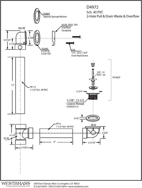 Technical diagram of 1-1/2 Inch Bath Waste And Overflow Kit With Pull Drain Stopper, Two-Hole Faceplate Top Elbow, Schedule 40 PVC, Satin Nickel Finish, No-Nonsense Plumber-Grade Bath Drain Assembly, 4-Pack showing measurements and components