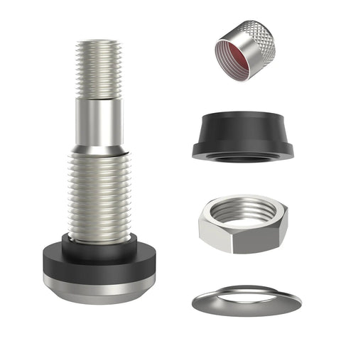 SUNSOUL TR416 5-pack metal tire valve stems, outer-mount, silver, fits 0.453–0.625 in rim holes, clamp-in, high-pressure