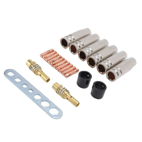 Fafeicy 21 Piece Welding Accessory Kit With Brass Gas Nozzles And 0.8mm Contact Tips For Mig Welding Torch components including nozzles and tips.