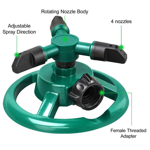 Rotating Yard Sprinkler For Lawn And Garden, Awesome Wide Coverage Water Sprinkler With Dual Modes, Adjustable Arc For Fast Spin Or Slow Spin, Kids And Pets Friendly Play Areas, Backyards And Large Lawns showing rotating nozzle body and 4 nozzles.