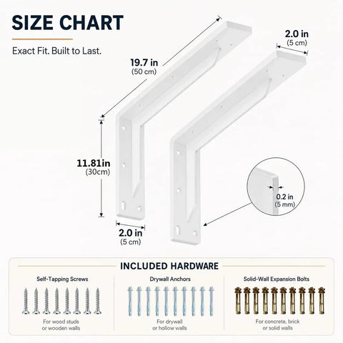 Size chart for 20 Inch Shelf Brackets Heavy Duty L Brackets With 880 Lbs Max Load 90 Degree Steel Bracket Set For Floating Shelves