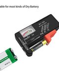 Portable Battery Tester For AA AAA C D 9V And Button Cell Batteries All In One Volt Checker With Pocket Friendly Design And Easy Readout 2 Pack compact ABS battery tester with analog meter and 9V battery shown