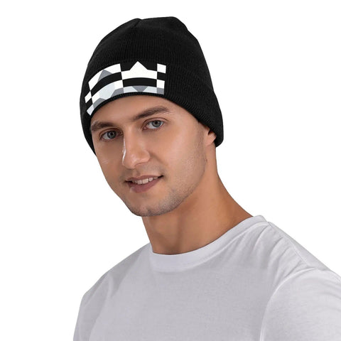 Premium Black And White Piano Plate Grid Knit Beanie Super Soft Winter Hat For Men And Women shown on a model, ideal for cold weather.