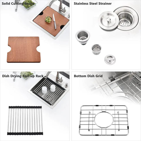 15 Inch Bar Sink Drop In Workstation With Cutting Board 16 Gauge Stainless Steel Single Bowl Bar Prep Sink For Small Kitchens Outdoor And RV Use Topmount Island Basin with included cutting board, strainer, roll-up drying rack, and dish grid.