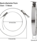 304 Stainless Steel Duct Clamps 20 Pack Adjustable Hose Clamps For Air Ducting 3.5 To 4.5 Inch Range 91 To 114 Mm Wide 9 Mm Band Worm Gear Clamp Heavy Duty Built To Last All Weather with measurements shown