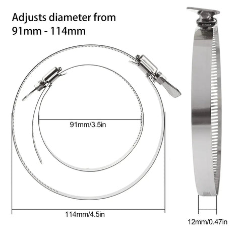 304 Stainless Steel Duct Clamps 20 Pack Adjustable Hose Clamps For Air Ducting 3.5 To 4.5 Inch Range 91 To 114 Mm Wide 9 Mm Band Worm Gear Clamp Heavy Duty Built To Last All Weather with measurements shown
