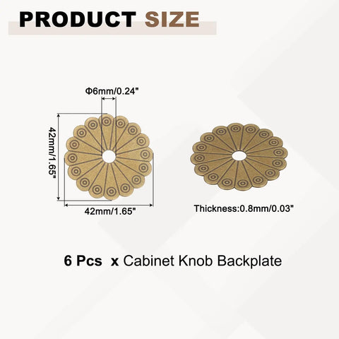 Product size illustration of Six Pack Brass Cabinet Knob Backplates, 42mm x 42mm x 0.8mm, vintage flower shape, bronze tone hardware.