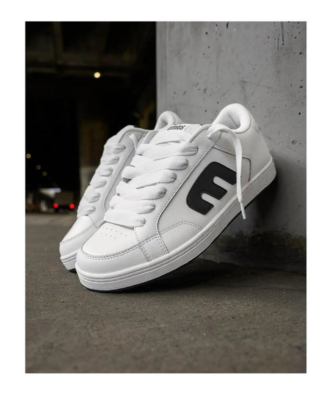 White black Kingpin 2K Skate Shoes with padded low top cupsole, size 8.5, showing durable reinforced stitching, street ready.