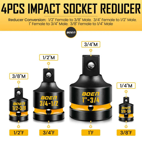 4-piece impact socket reducer set with various sizes, black phosphate coating, and clear markings for drive conversions.