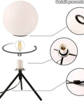 Modern Black Globe Table Lamp With Opal Glass Ball On A Metal Tripod Base Mid Century Inspired Bedside Lamp assembly details