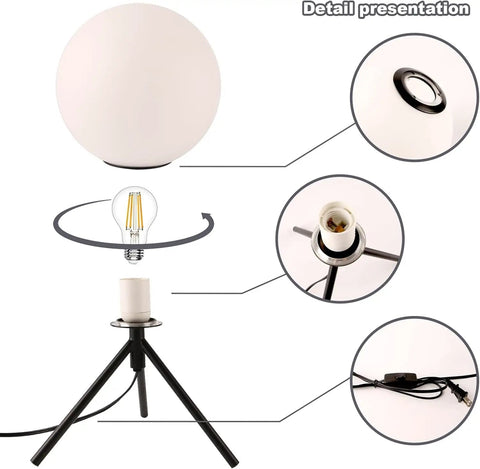 Modern Black Globe Table Lamp With Opal Glass Ball On A Metal Tripod Base Mid Century Inspired Bedside Lamp assembly details